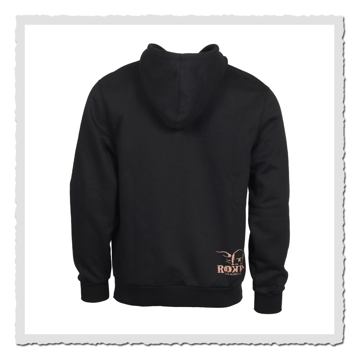 Produktansicht eines schwarzen Hoodies von hinten, freigestellt vor hellem Hintergrund.